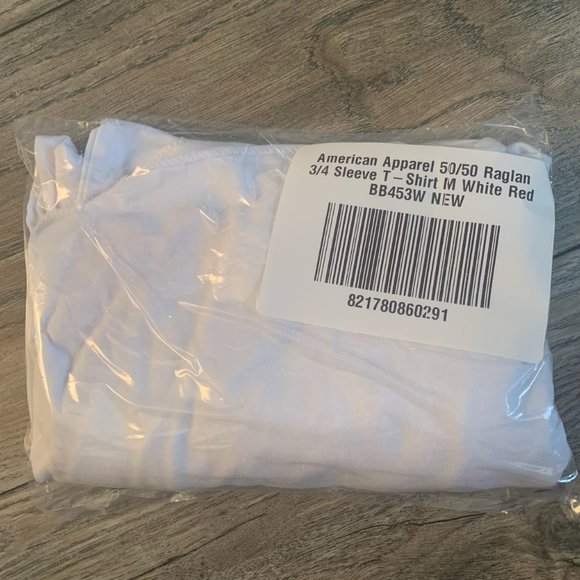NWT AMERICAN APPAREL 50/50 RAGLAN 3/4 SLEEVE WHITE/RED SHIRT MEDIUM - Picture 3 of 7